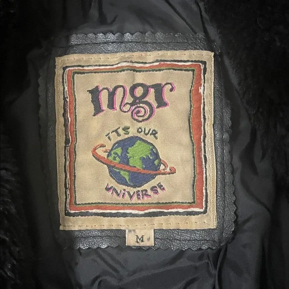 Vintage Mgr It’s Our Universe Black Leather Jacket with Faux Fur Collar - Picture 2 of 6